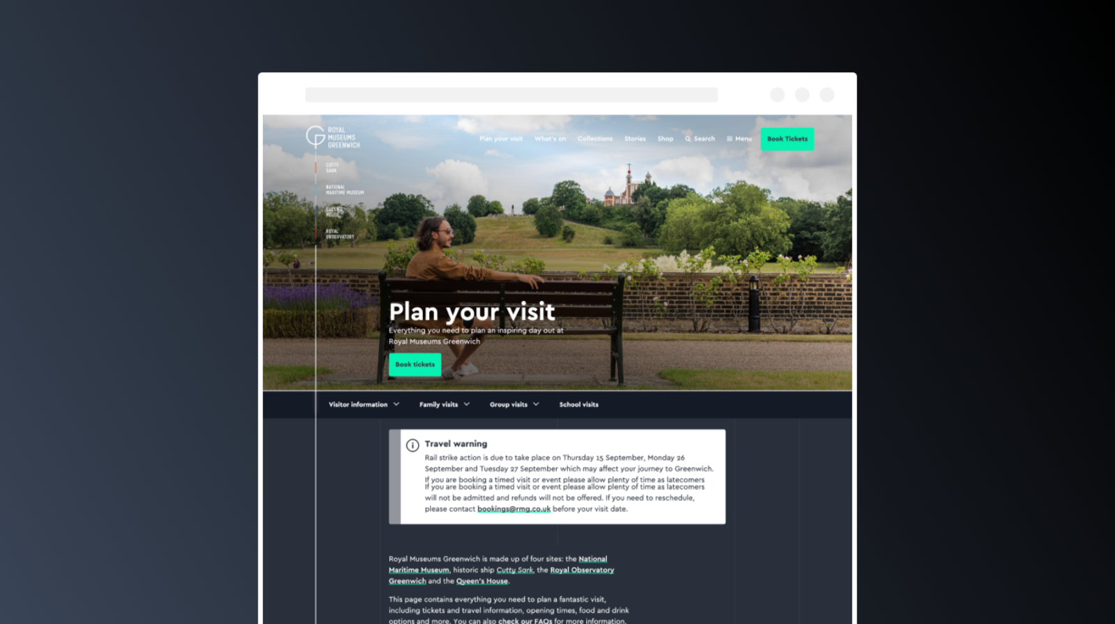The plan your visit landing page for the Royal Museums at Greenwich