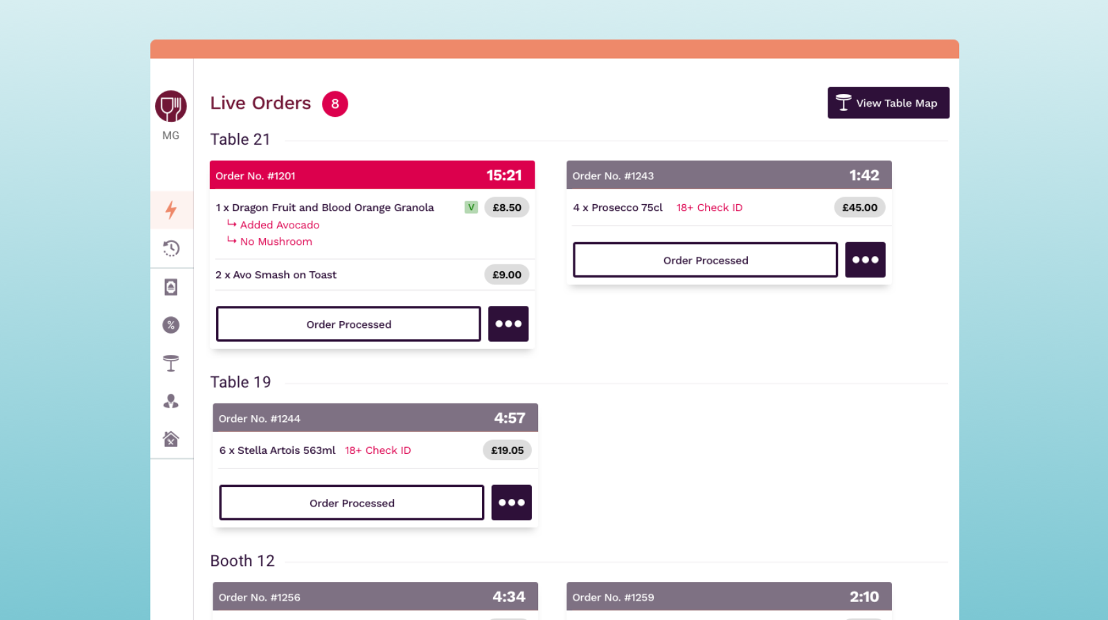 The live orders interface of the admin panel. This was running concurrently on an iPad in the venue's kitchen. It also ran in browser with no need for a download.