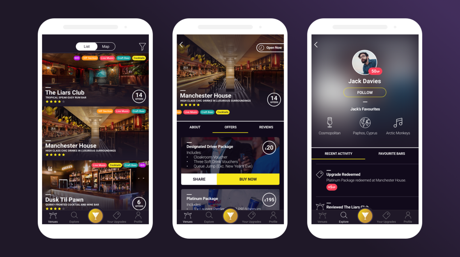 Viper App Designs — Viper Venue Listings (left), Viper Venue Profile (center), User Profile (right)